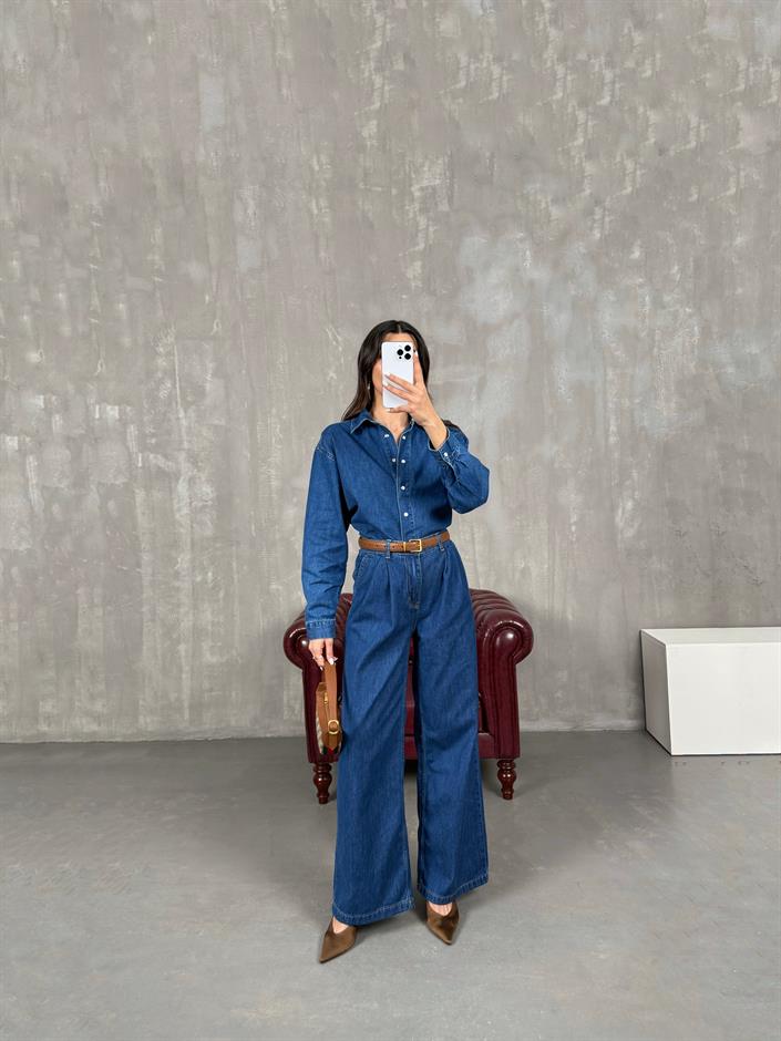 Orta Mavi Çıtçıt Düğmeli Gömlek Pantolon Denim Takım Gaus0002