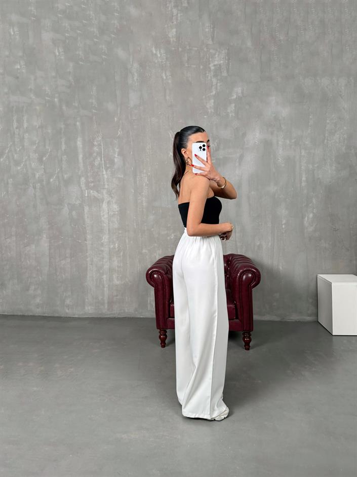 Setra Beyaz Beli Lastikli Tensel Kumaş Pantolon