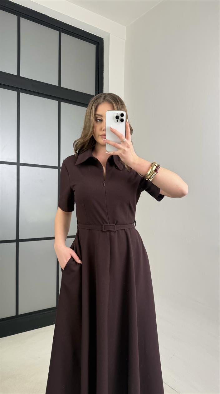 Mürdüm İnce Kemerli Elbise GAUS-00991