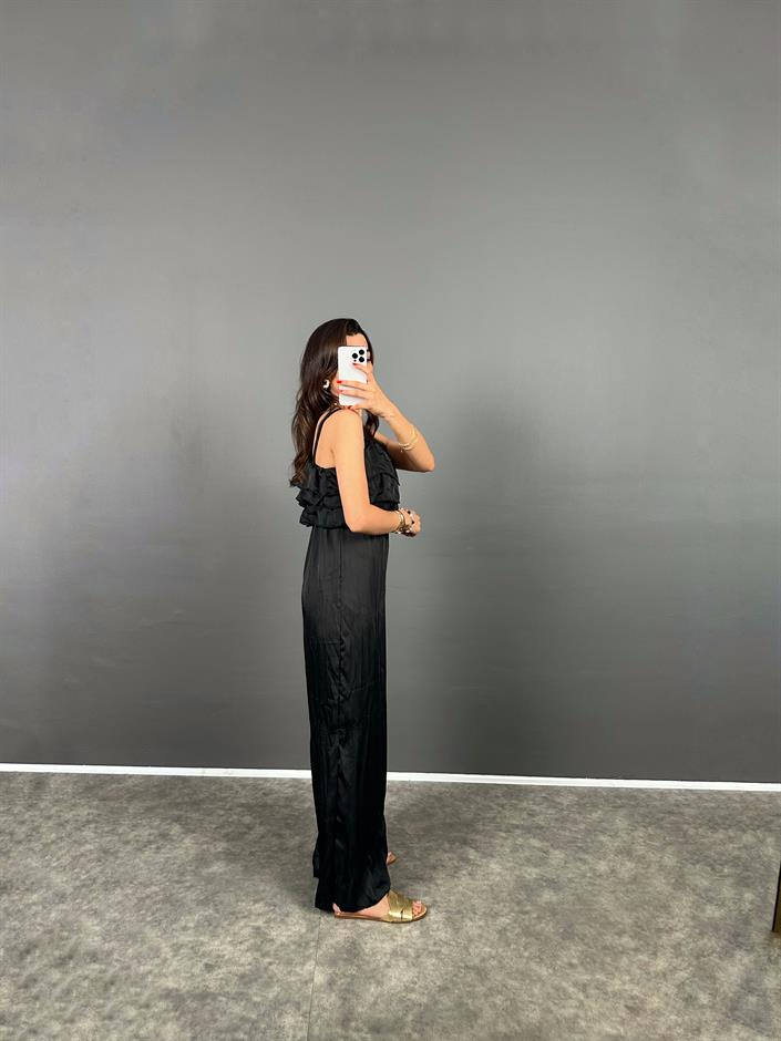 Livi Siyah Askılı Kırışık Kumaş Önü Fırfırlı Saten Tulum