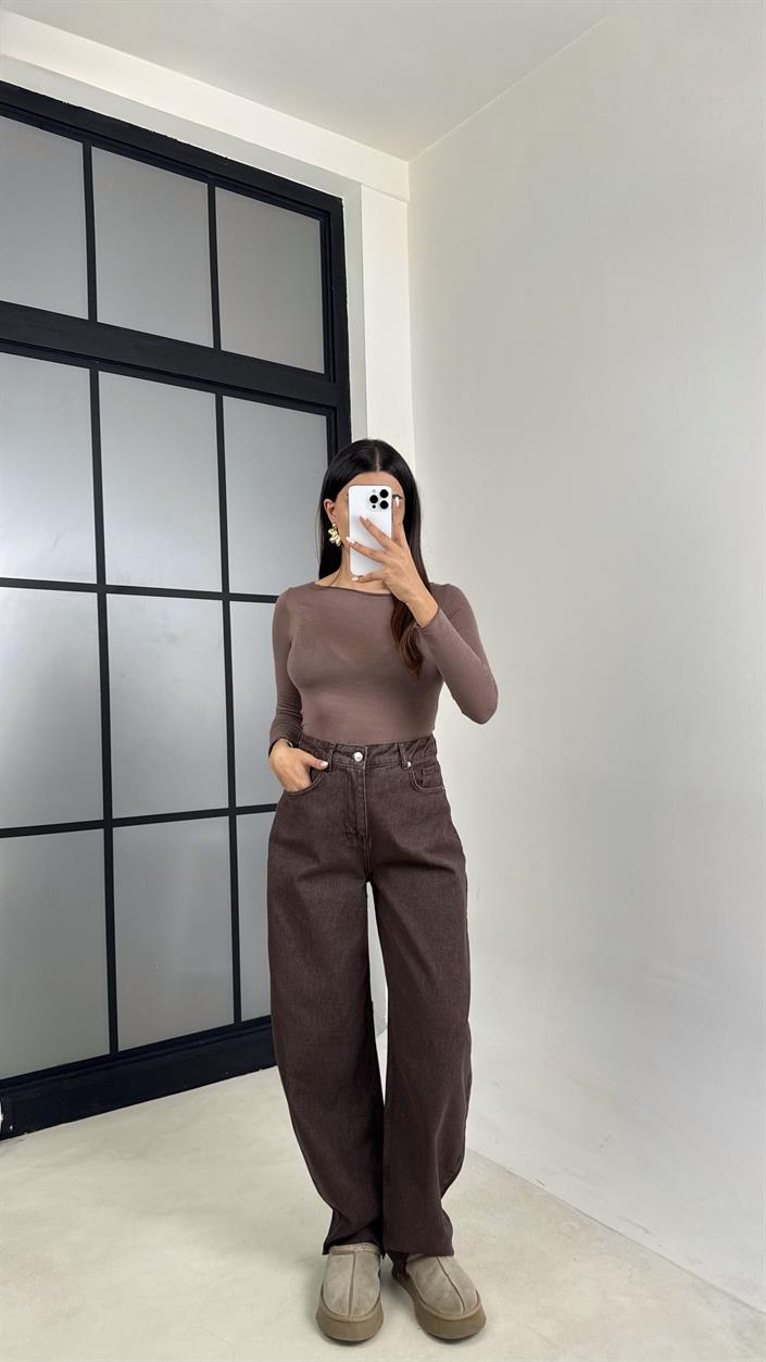 Kahve Eskitmeli Kesik Geniş Paça Jean GAUS-00569