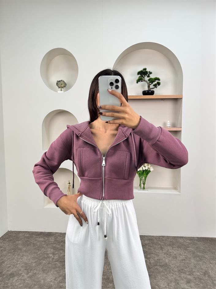 Nerma Gül Kurusu Kapüşonlu Fermuarlı Kısa Sweatshirt