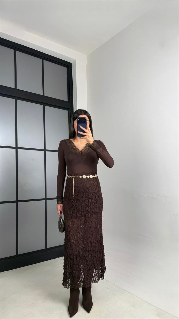 Acı Kahve Astarlı Dantel Etek GAUS-01085