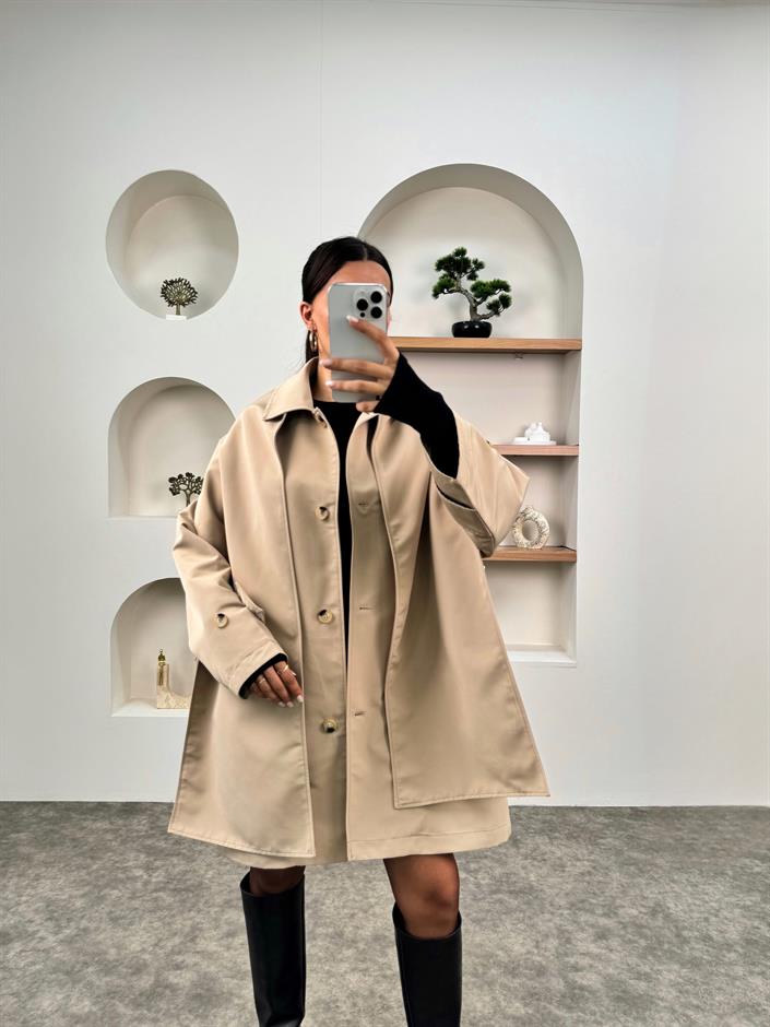 Farme Taş Şal Detaylı Astarlı Tasarım Trençkot