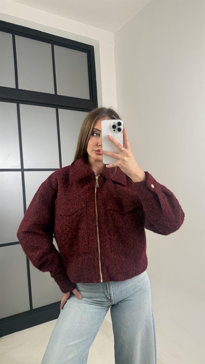 Bordo Astarlı Fermuarlı Muadil Keçe Kumaş Ceket GAUS-00603