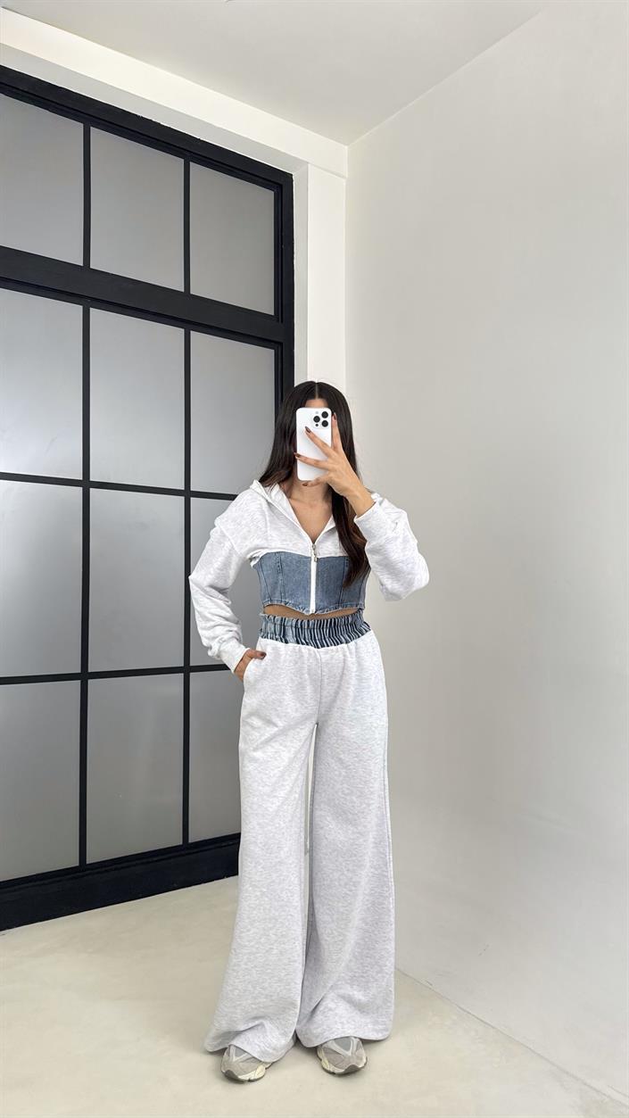 Gri Denim Detaylı Kapüşonlu Hırka Beli Lastikli Pantolon Tasarım Takım GAUS-00444