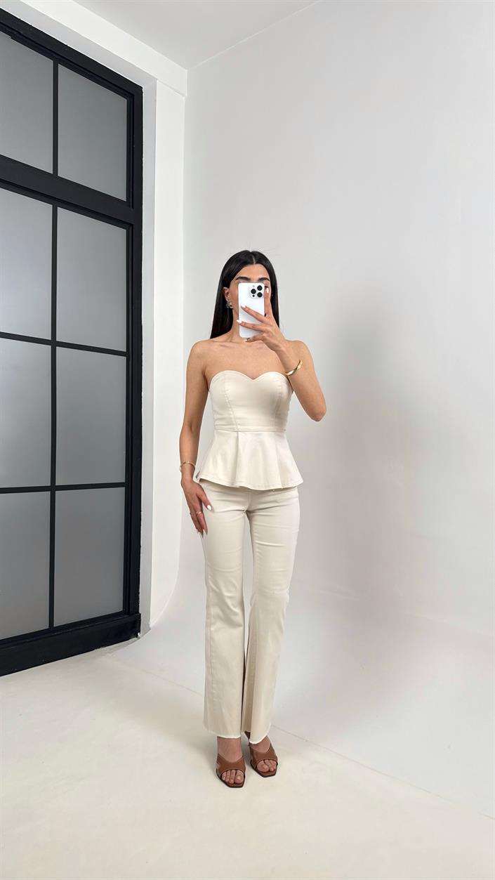 Taş Flare Jean Straplez Crop Volanlı Tasarım Takım Gaus00400