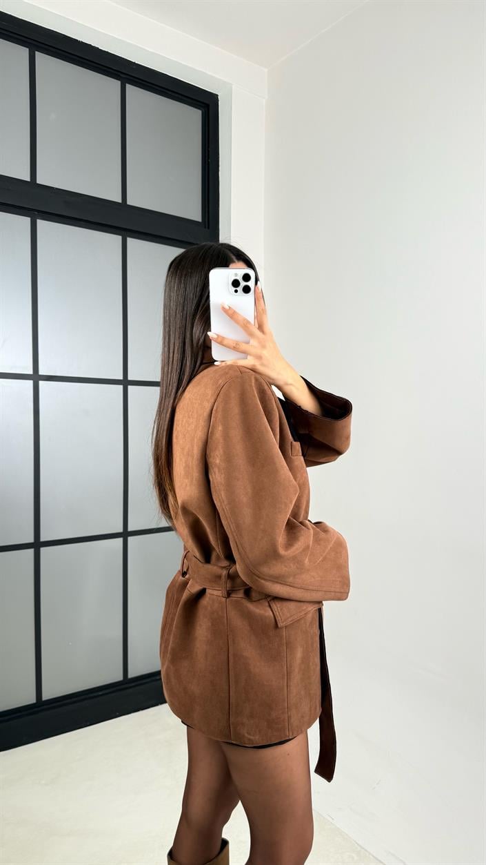 Camel Kuşaklı Vatkalı Astarlı Tasarım Süet Ceket GAUS-00568