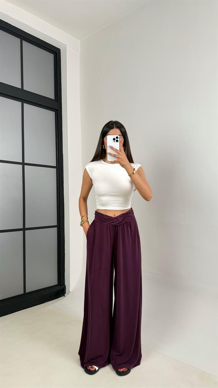 Mürdüm  Beli Çapraz Lastikli Bol Paça Oys Muadil Pantolon Gaus00607