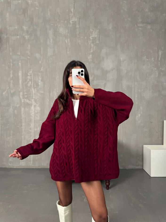 Lipsi Bordo Örgü Detaylı Fermuarlı Oversize Kazak