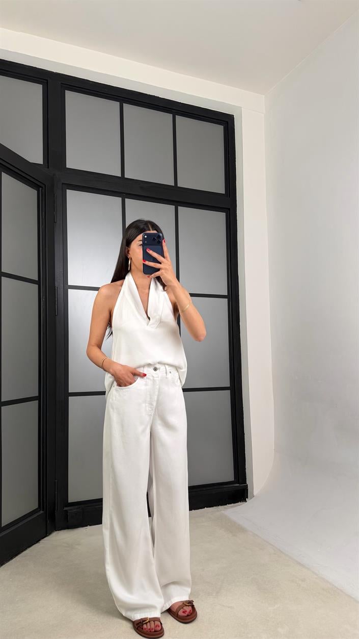 Beyaz Halter Yaka Tencel Denim Takım GAUS-01520