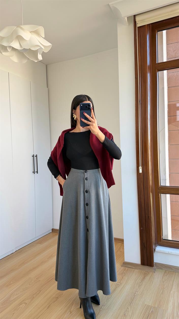 Antrasit Düğmeli Kumaş Etek GAUS-00616