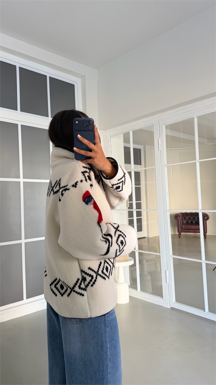 Ekru Kızak Desenli Fermuarlı Polar Sweatshirt GAUS-01916 GAUS-02016
