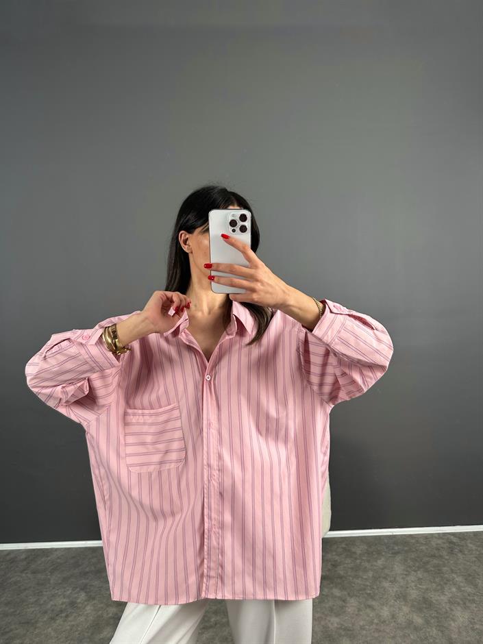 Megass Pembe Çizgili Oversize Gömlek 