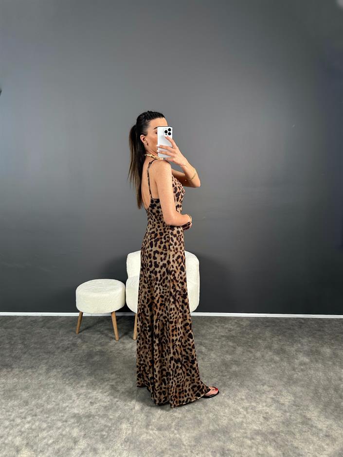 Pinterest Leoparlı Astarlı Askılı Uzun Elbise 