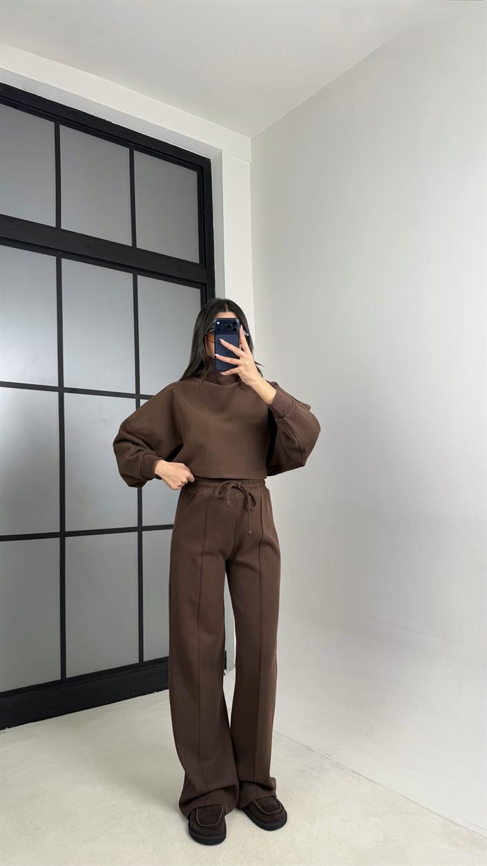 Kahve Balıkçı Yaka Kazak Beli Lastikli Pantolon Premium Takım GAUS-00898