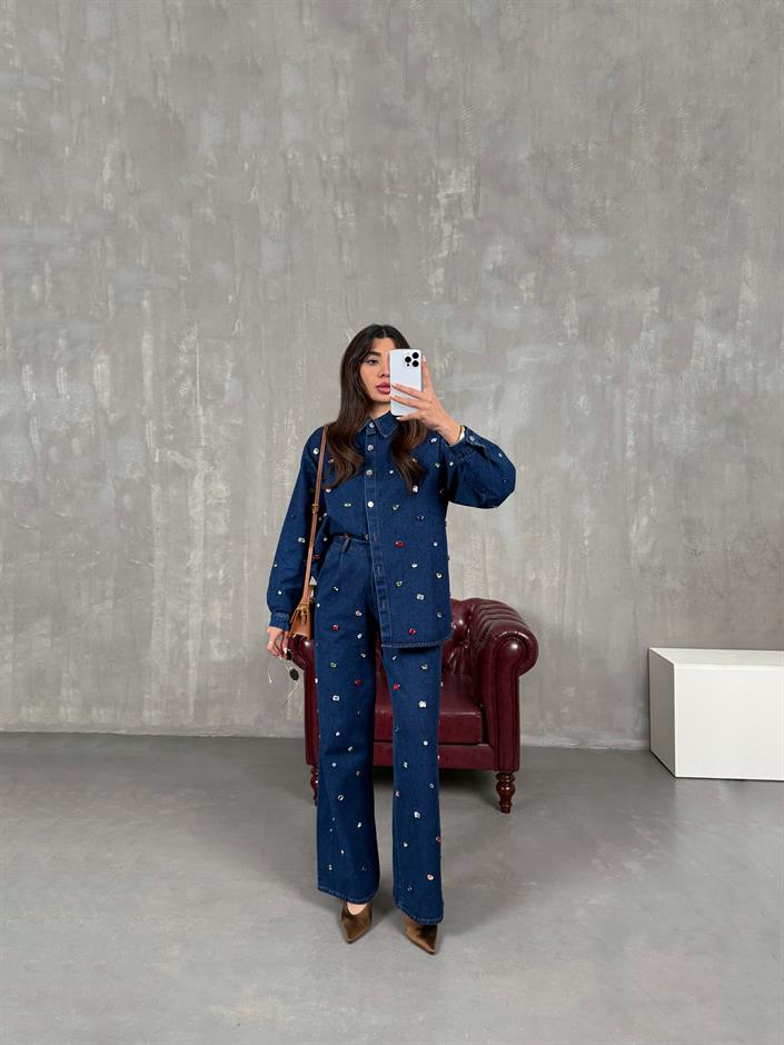 Pares Lacivert Taşlı Tasarım Denim Takım