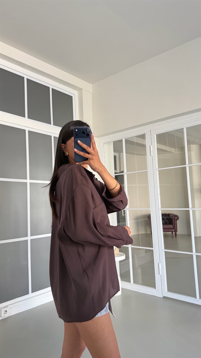 Kahve Oversize Tencel Gömlek GAUS-01698