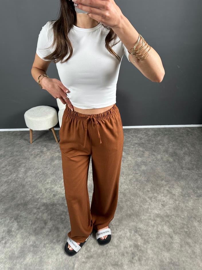 Nia Kahverengi Keten Beli Lastikli Pantolon