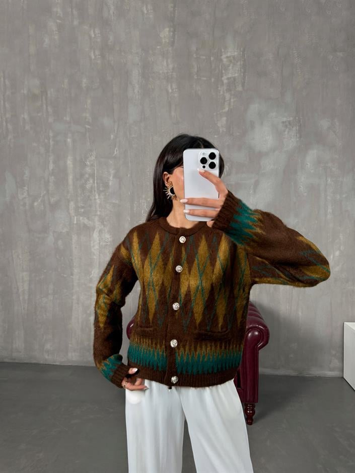 Manusa Yeşil Kahve Sakallı Desenli Düğmeli MD Hırka