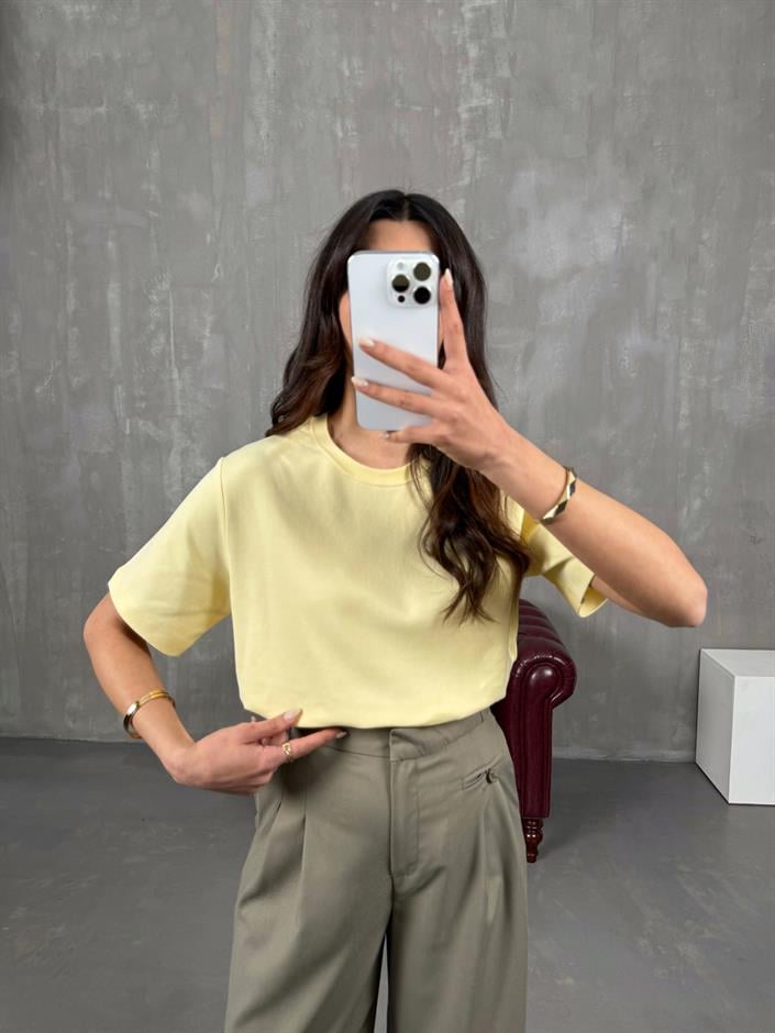 Nivon Sarı Pamuklu Bisiklet Yaka Basic Tshirt