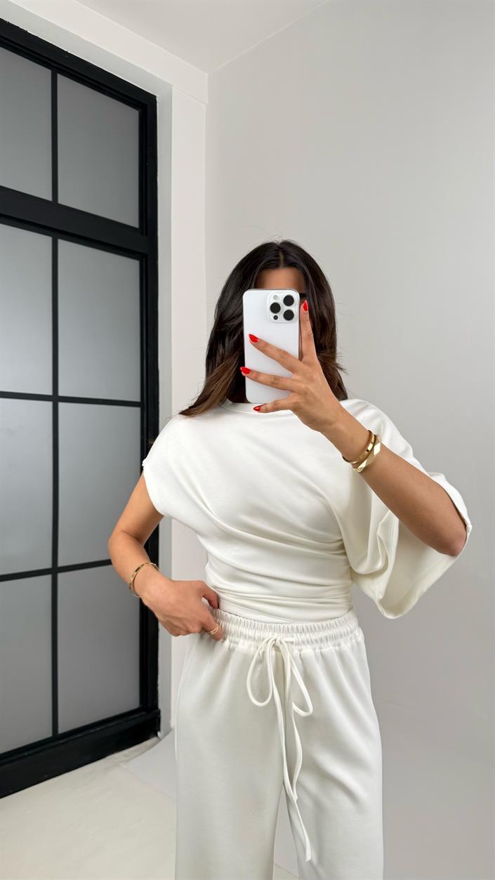 Ekru Yarasa Kol Bluz Beli Lastikli Pantolon Tasarım Modal Kumaş Takım GAUS-01251