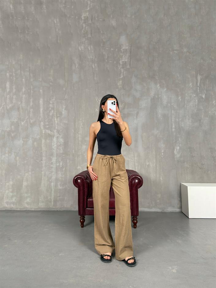 Kahve Beli Lastikli Keten Pantolon Gaus00156