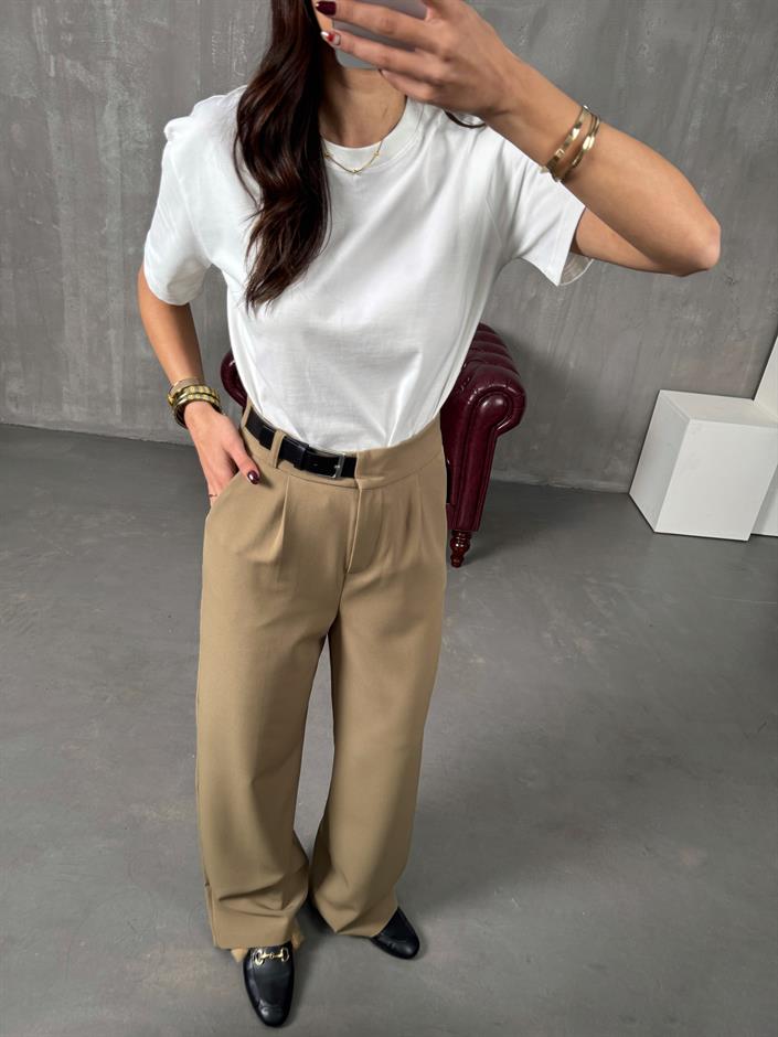 Mocha Haki Kemer Detaylı Palazzo Pantolon