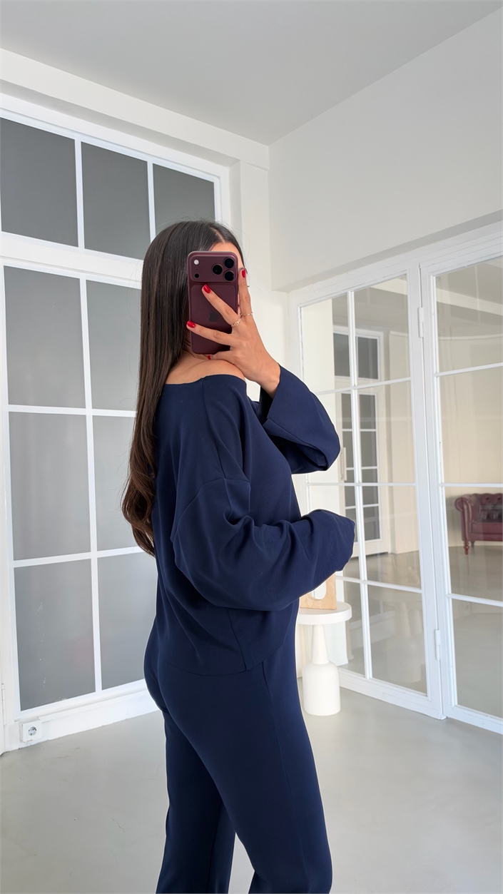 Lacivert Kayık Yaka Bluz Beli Lastikli Pantolon İkili Modal Takım GAUS-02168