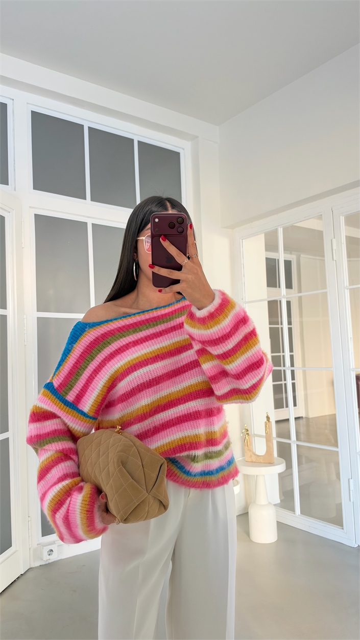 Pembe Kayık Yaka Şeritli Triko Kazak GAUS-02278