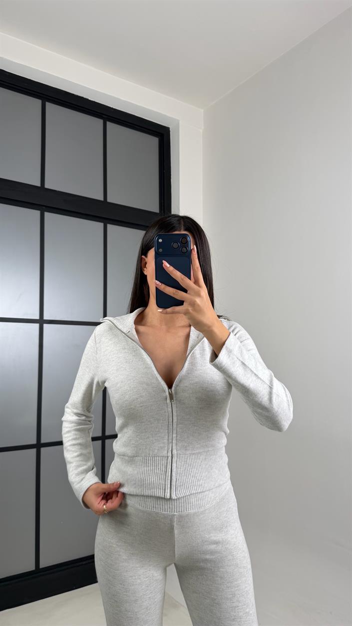 Gri Ribanalı Hırka Beli Lastikli Eşofman Yumuşak Dokulu İkili Takım GAUS-00838