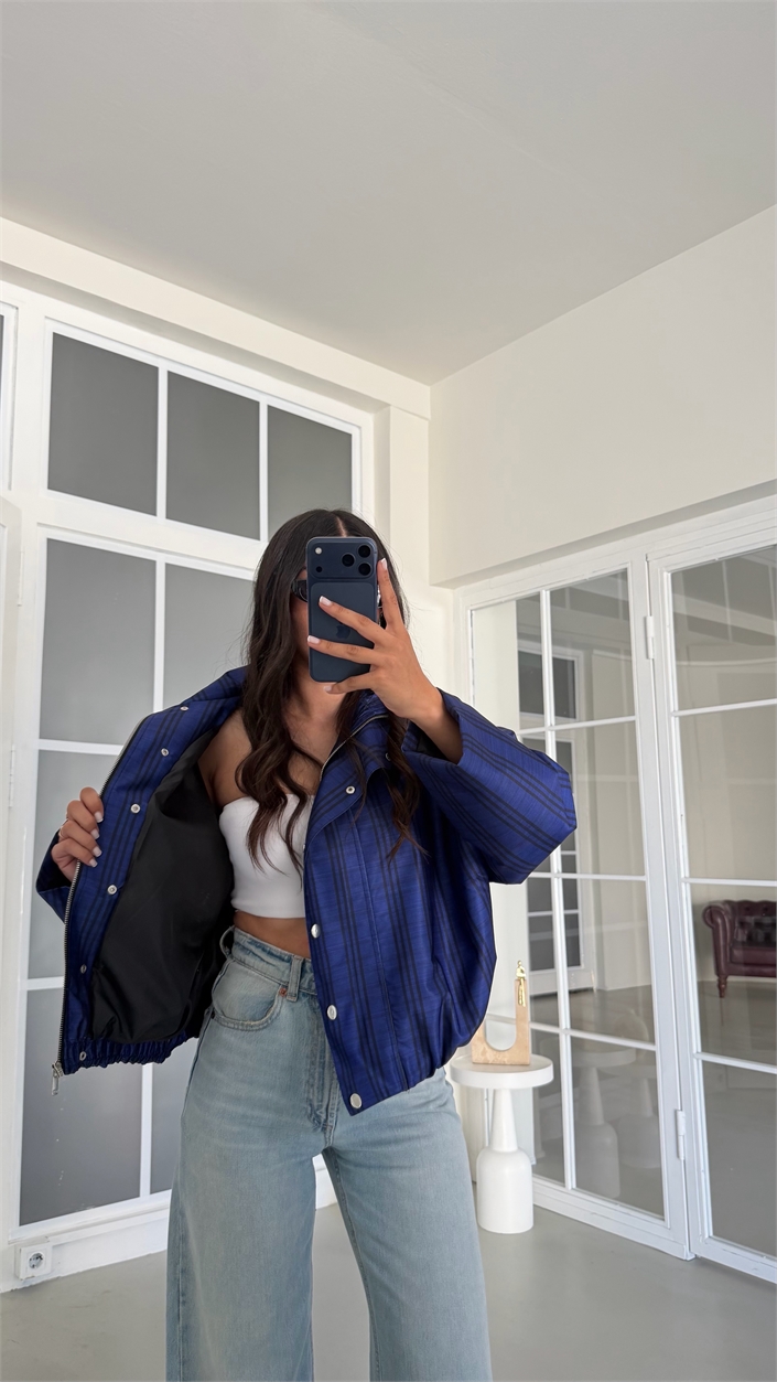 Lacivert Şeritli Dik Yaka Astarlı Premium Bomber Ceket GAUS-02029 GAUS-02095