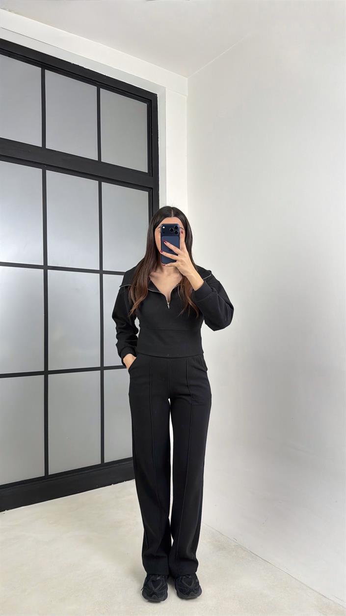 Siyah Fermuarlı Kazak Beli Lastikli Pantolon İkili Selanik Kumaş Takım GAUS-00781