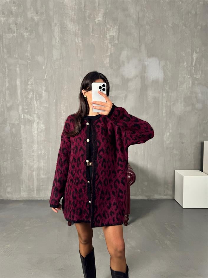 Wud Bordo Leopar Desenli Hırka