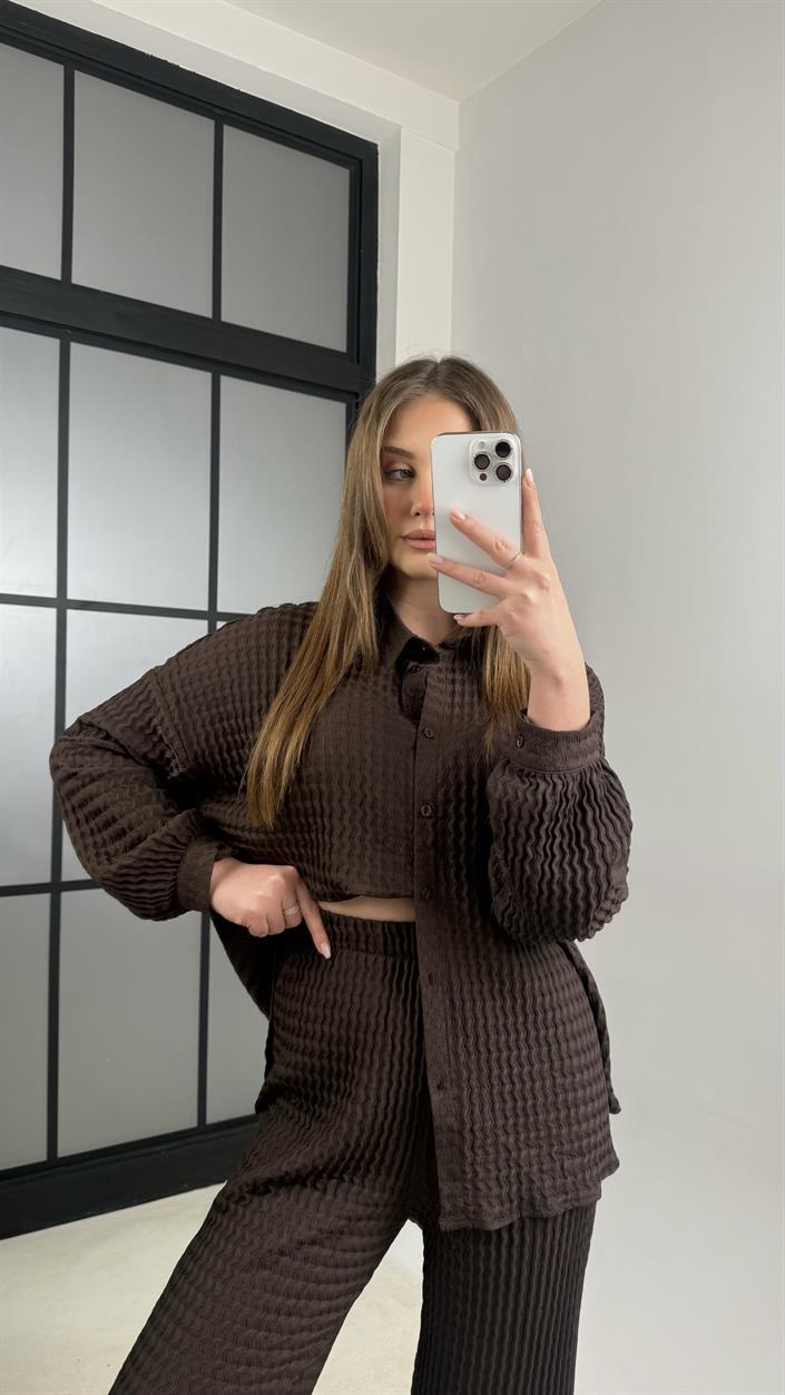 Acı Kahve Gömlek Beli Lastikli Pantolon İkili Bürümcük Takım GAUS-01089