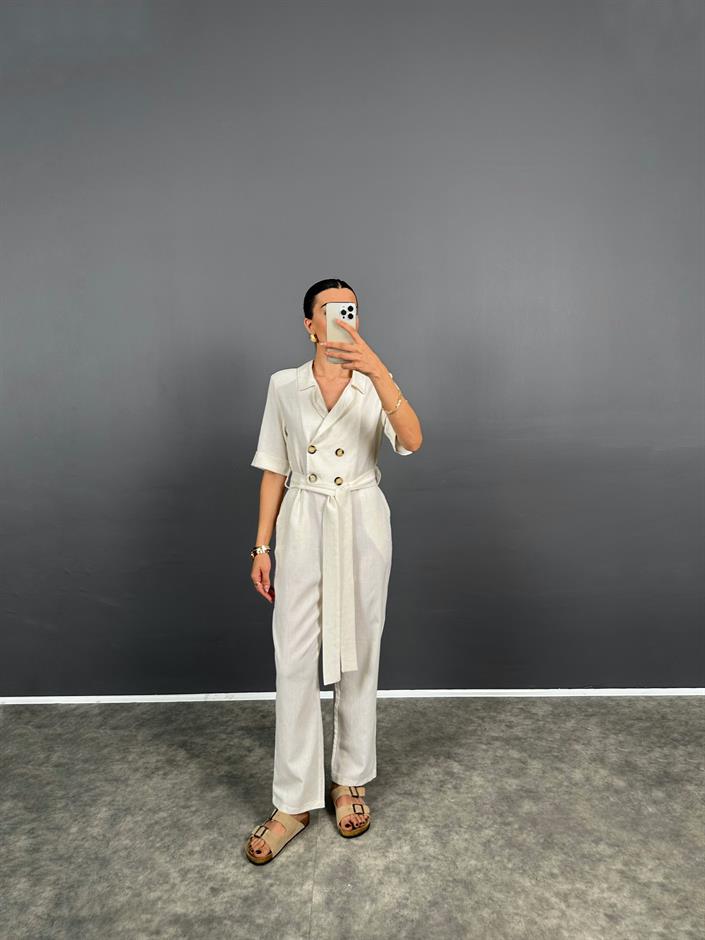 Kiw Krem Keten Vatkalı Kruvaze Kapama Düğmeli Tulum