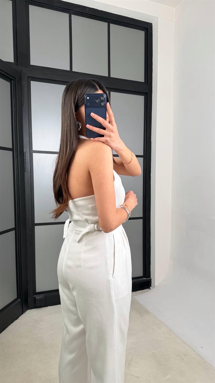 Beyaz Boyundan Bağlamalı Tasarım Tencel Denim Tulum GAUS-01357