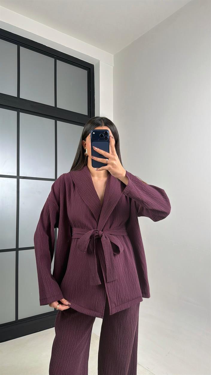 Mürdüm Kimono Beli Lastikli Pantolon İkili Muadil Takım GAUS-01113
