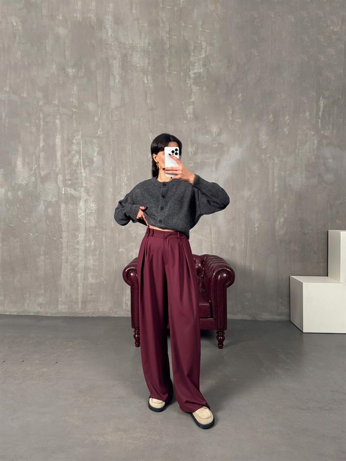 Frank Bordo Önden Düğmeli Pileli Bol Poliviskon Pantolon