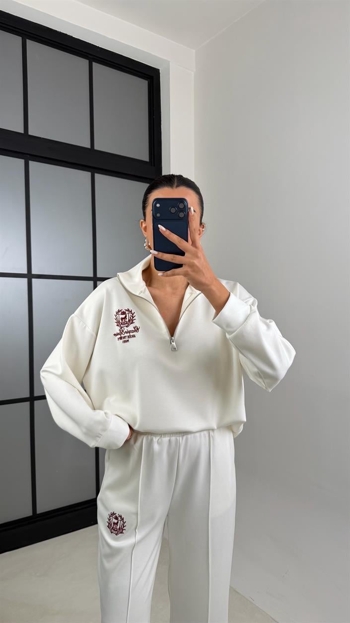 Beyaz Fermuarlı Baskılı Sweatshirt Beli Lastikli Eşofman İkili Takım GAUS-00597