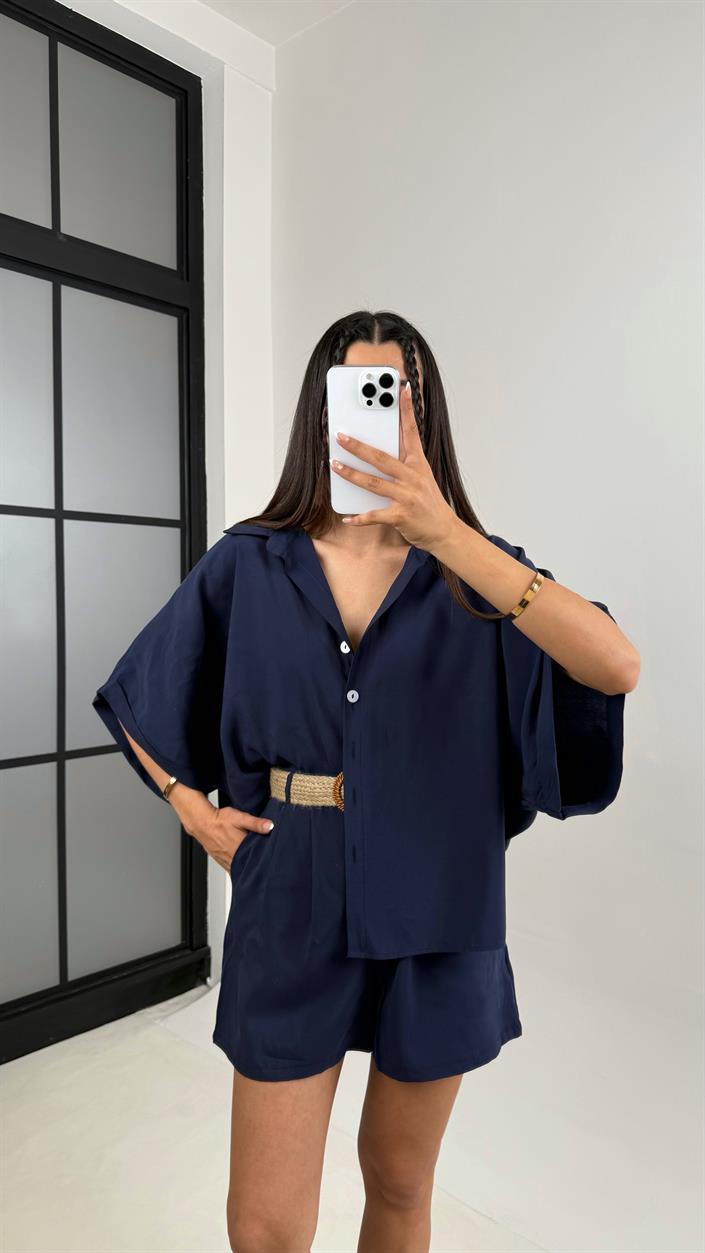 Lacivert Gömlek Hasır Kemerli Şort İkili Tencel Takım Gaus00559
