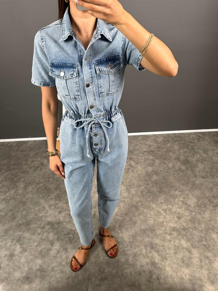 Valens Premium Denim Düğmeli Beli Lastikli Tulum 
