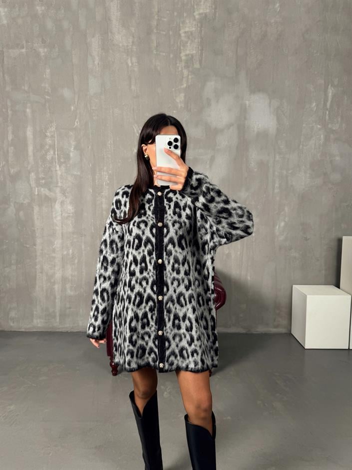 Wud Siyah Leopar Desenli Hırka