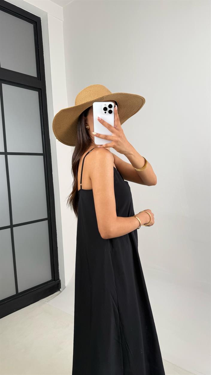 Siyah Ayarlanabilir Askılı Astarlı Tencel Elbise Gaus00690
