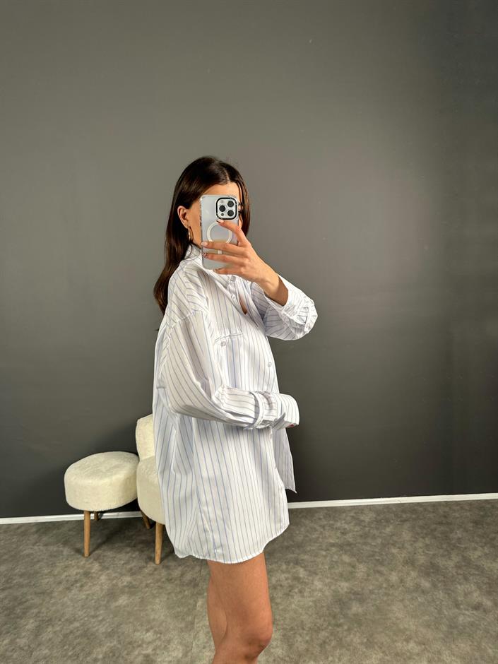 Beyaz Mavi Çizgili Zr Model Şortlu Gömlek Takım