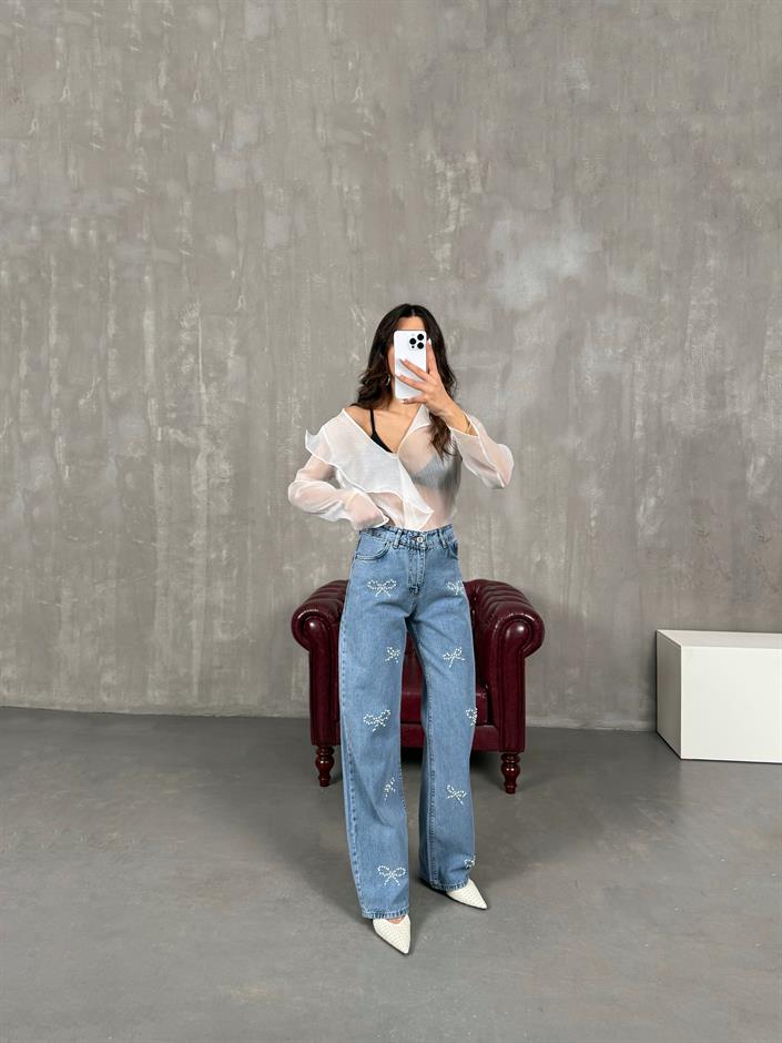 Ezy Mavi İnci Fiyonk Detaylı Jean 