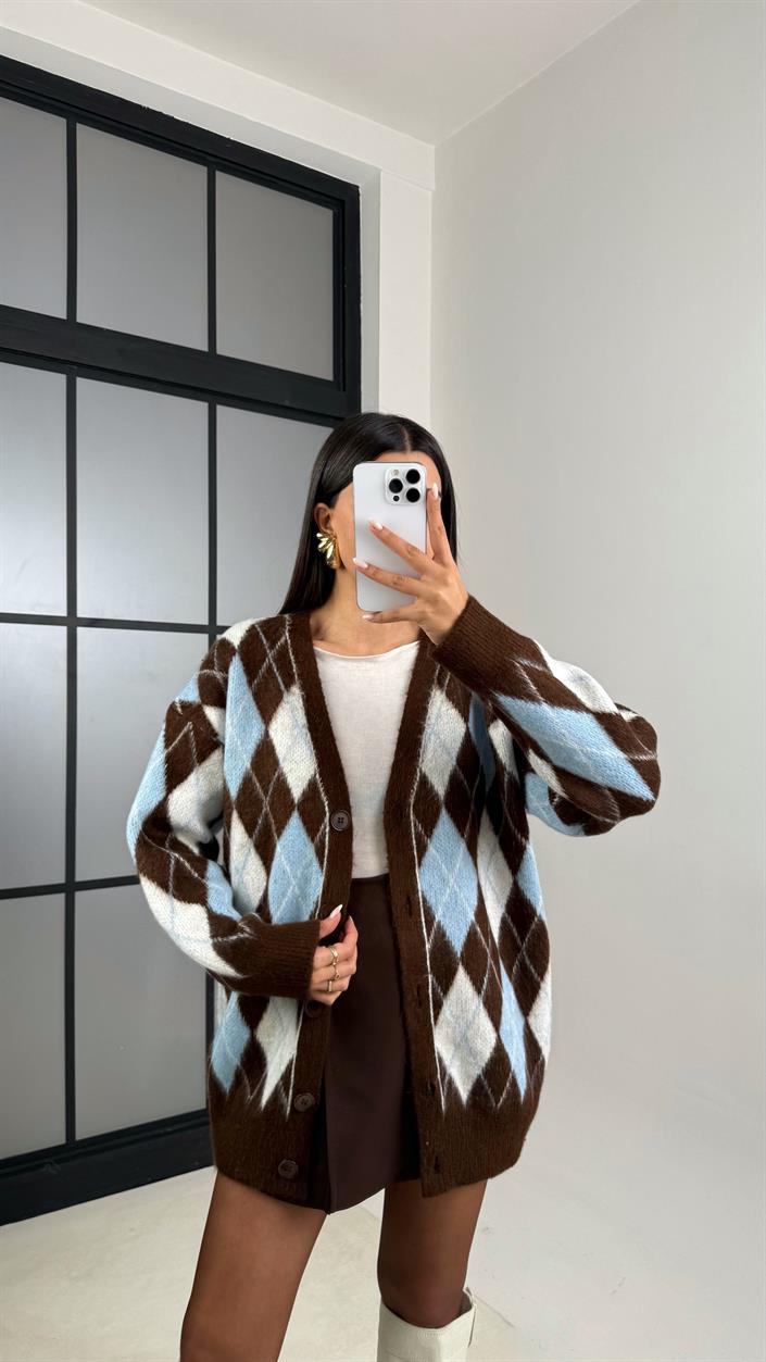 Mavi Baklava Desenli Düğmeli Hırka GAUS-00493