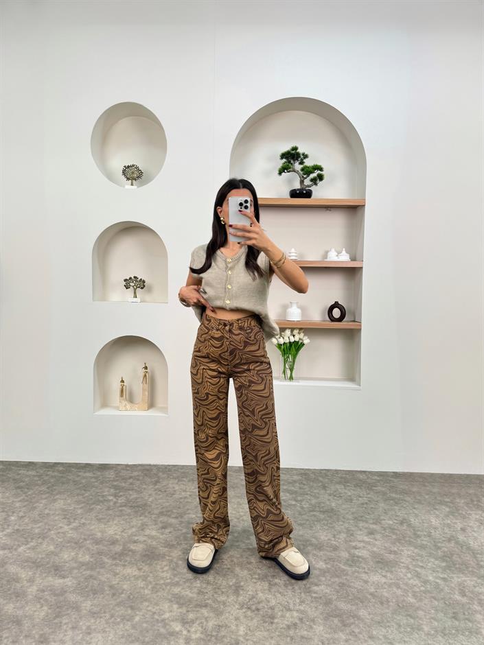 Yoko Kahve Desenli Denim Pantolon