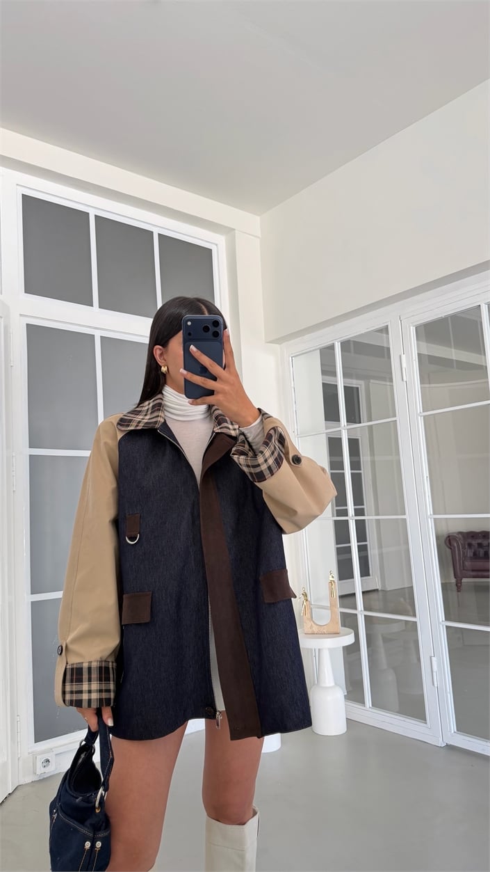 Çok Renkli Astarlı Ekoseli Cep Detaylı Denim Ceket GAUS-02068