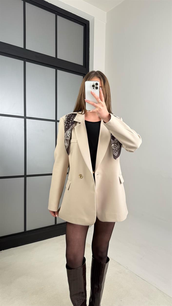 Taş Astarlı Vatkalı Fular Detaylı Blazer Ceket GAUS-00976